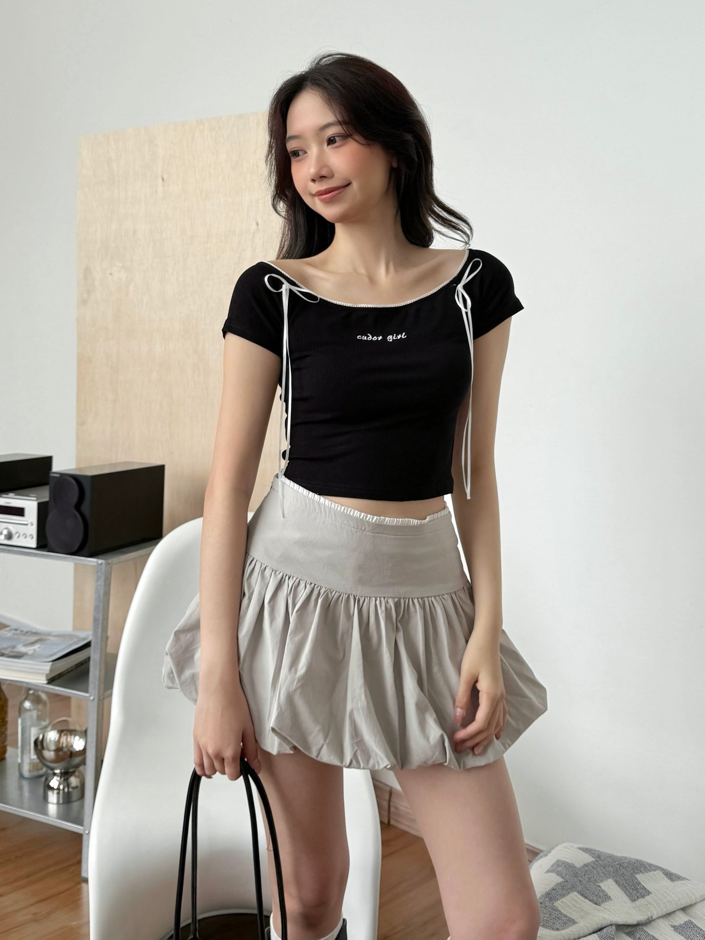 Violetta Ribbon Short Sleeve Top (Black)