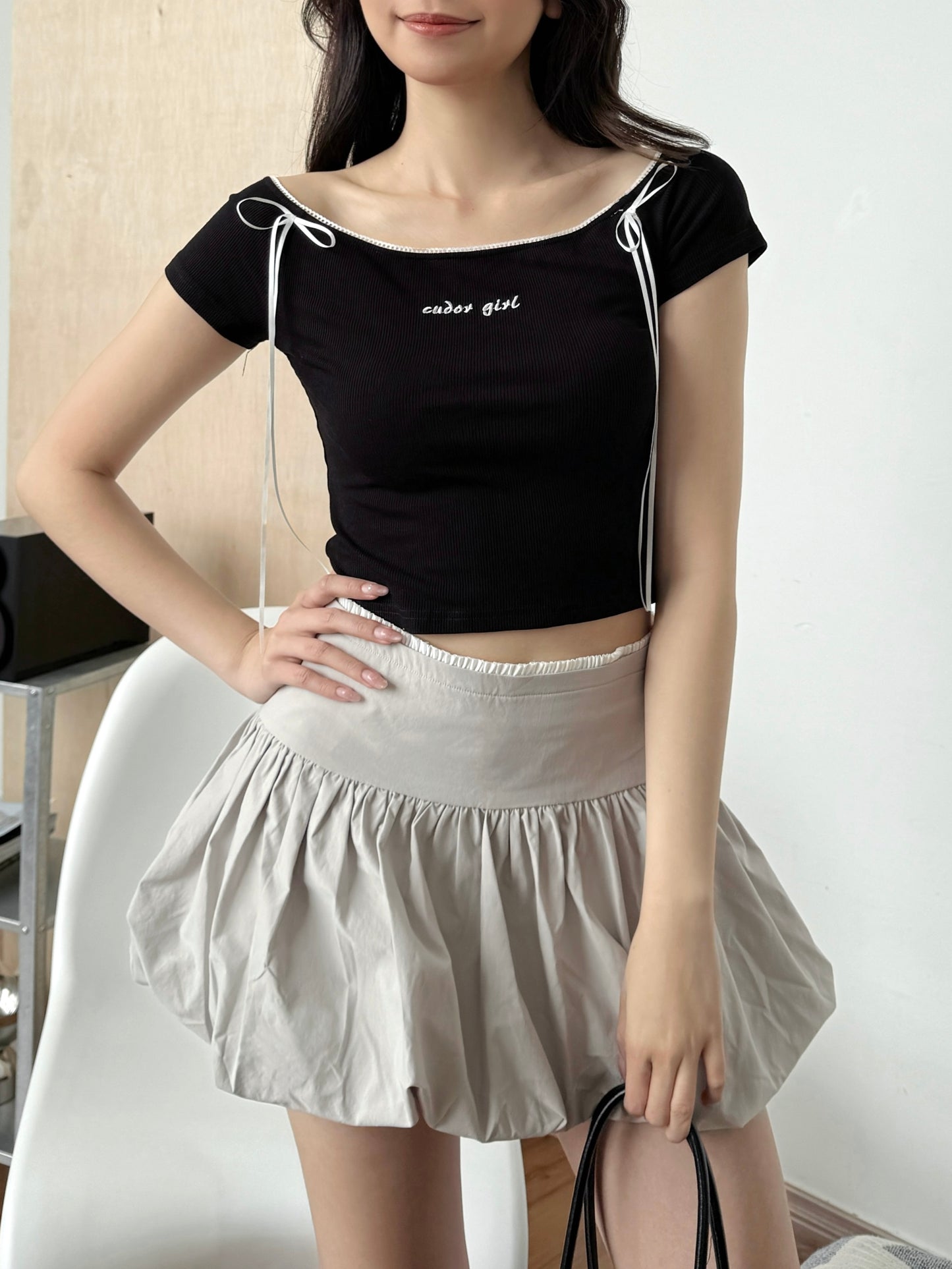 Violetta Ribbon Short Sleeve Top (Black)