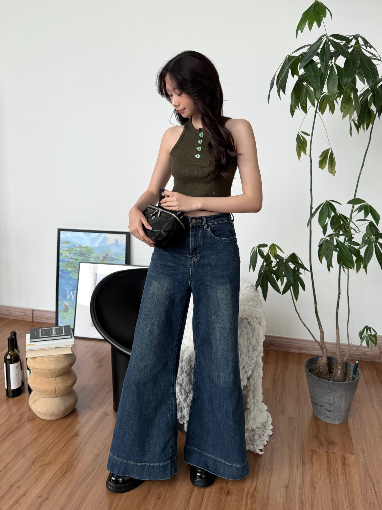 Cu Button Tank Top (Army Green)
