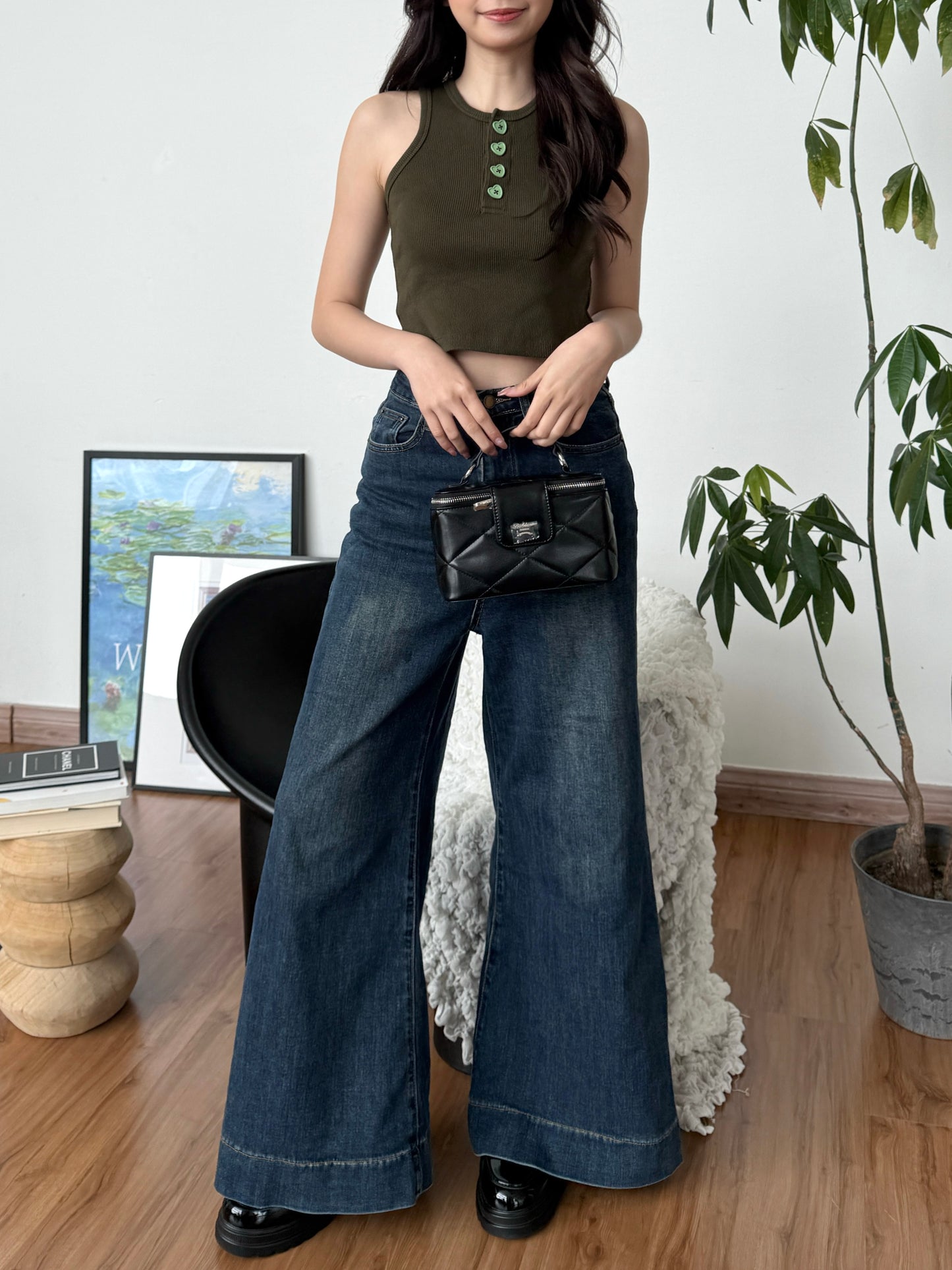 Cu Button Tank Top (Army Green)