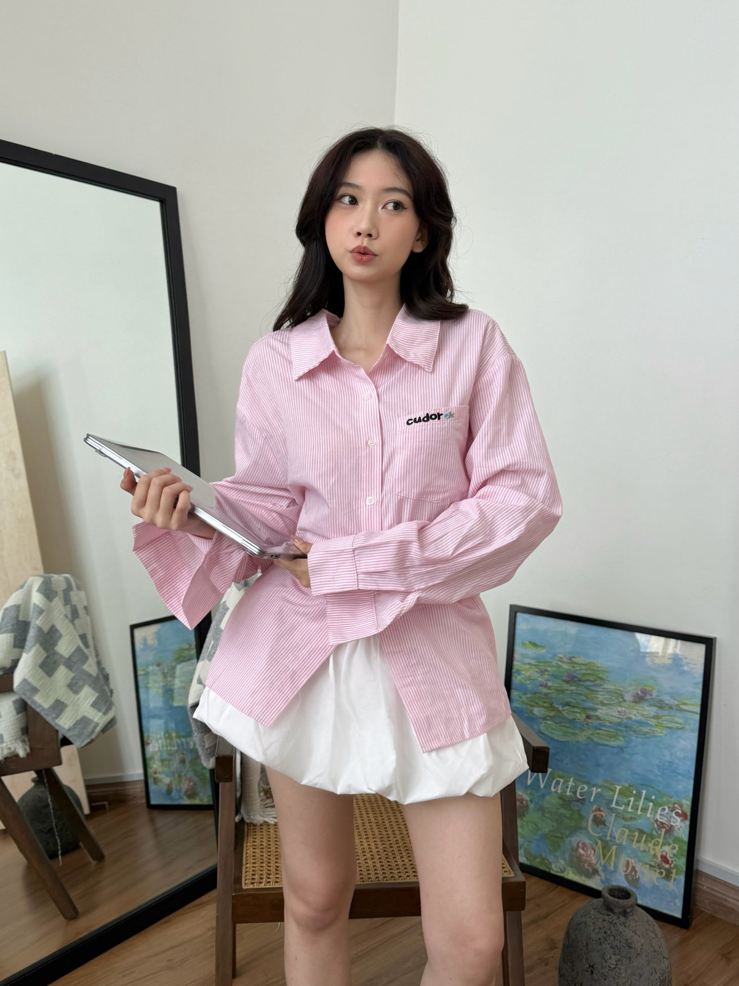 Megan Stripes Long Sleeve Shirt (Pink)