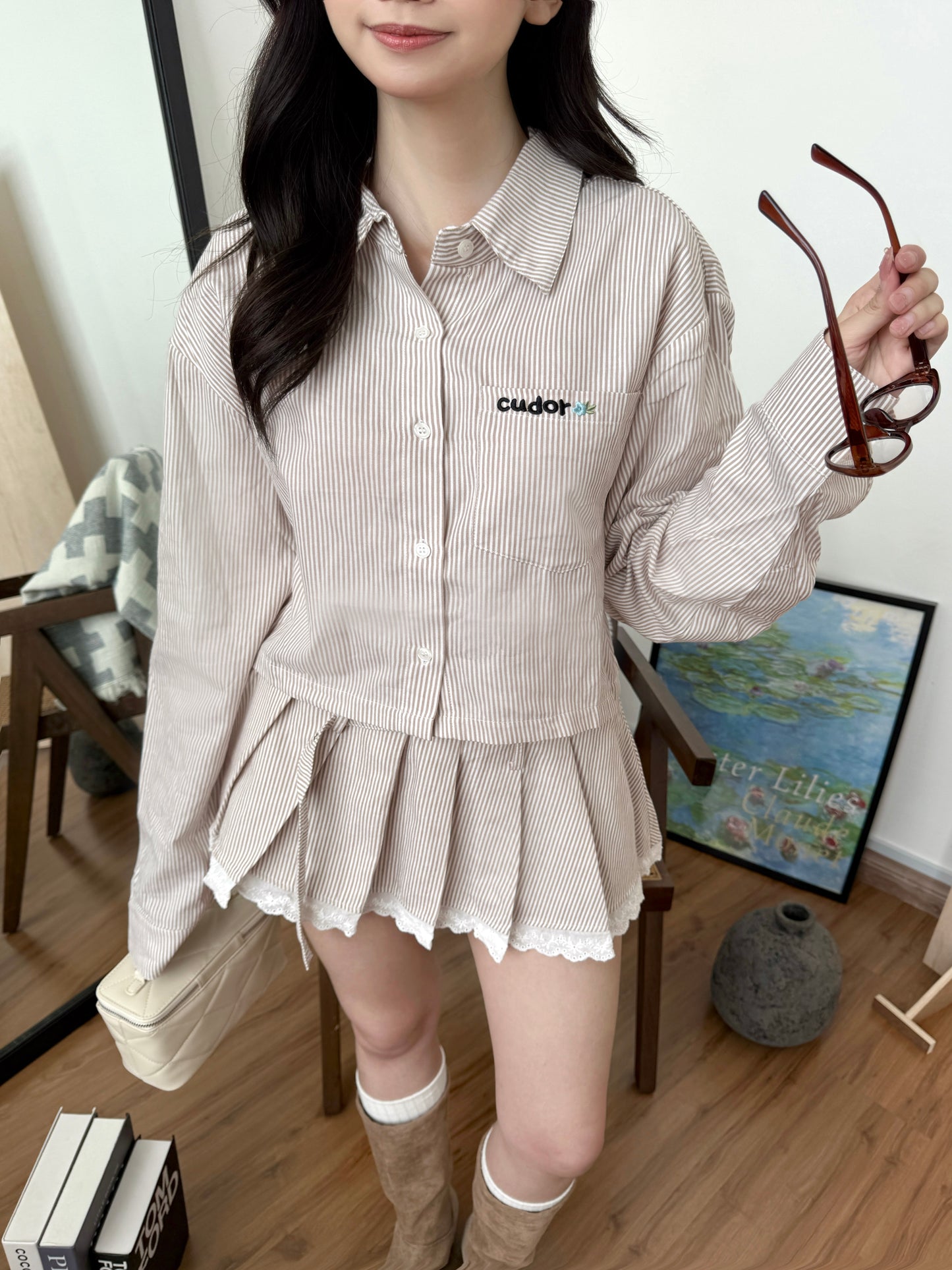 Megan Stripes Long Sleeve Shirt (Khaki)