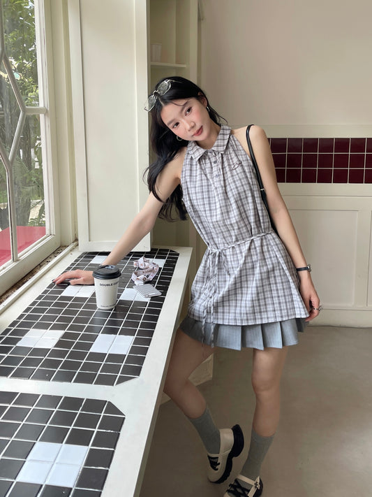 Pleat Check Top BLACK