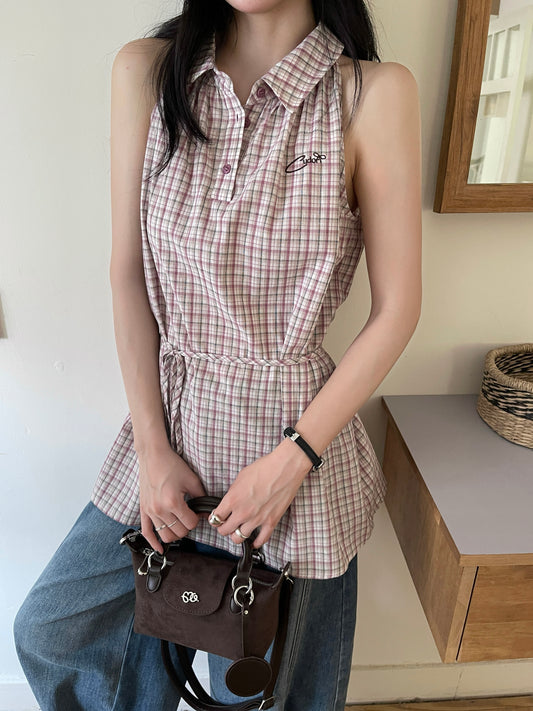 Pleat Check Top PINK